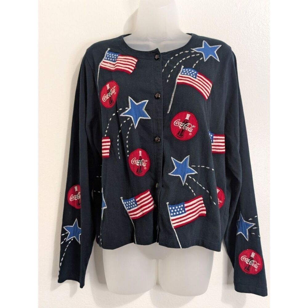 VTG Coca Cola by Michael Simon Patriotic Retro Novelty 90s Y2K Print Cardigan L